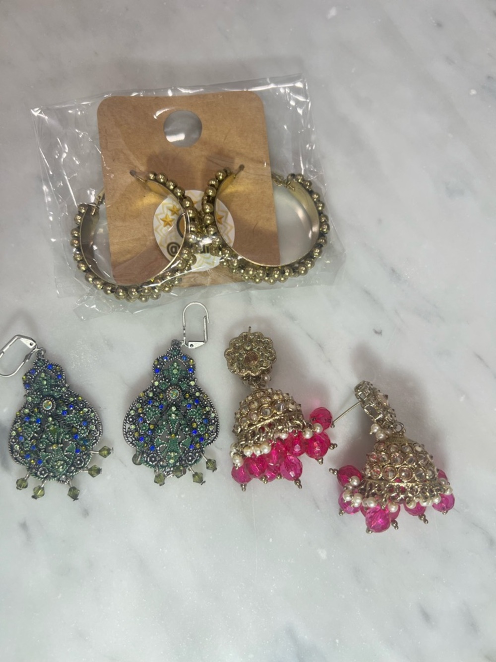Set of 3-Hoop Earrings with Pink Accent Jhumk and blue rhinestones dangles